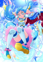 Rule 34 | 1girl, belt bow, bike shorts, birthday, blue background, blue eyes, blue hair, blush, bow, breasts, brooch, cape, cure sky, cut bangs, detached sleeves, dress, earrings, gloves, green eyes, hanzou, happy birthday, highres, hirogaru sky! precure, jewelry, long hair, magical girl, mirage pen, open mouth, precure, puffy detached sleeves, puffy sleeves, single sidelock, small breasts, sora harewataru, thighhighs, twintails, two-sided cape, two-sided fabric, very long hair, white thighhighs, wing brooch, wing hair ornament