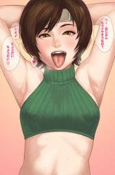 Rule 34 | 1990s (style), 1girl, armpits, arms behind head, arms up, bad id, bad pixiv id, blush, breasts, brown eyes, brown hair, crop top, final fantasy, final fantasy vii, headband, highres, maou alba, midriff, nose, open mouth, small breasts, solo, sweat, text focus, tongue, tongue out, translated, turtleneck, yuffie kisaragi