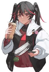 Rule 34 | 1girl, black hair, black shirt, closed mouth, cup, drinking straw, earrings, fanny pack, guodong, holding, holding cup, jacket, jewelry, long hair, lucia: plume (punishing: gray raven), lucia (punishing: gray raven), multicolored hair, pepe the frog, punishing: gray raven, red eyes, red hair, red sweater, shirt, sweater, twintails, white background