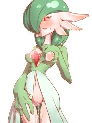 Rule 34 | 1girl, artist request, blush, breasts, covered erect nipples, creatures (company), dripping, game freak, gardevoir, gen 3 pokemon, green hair, kaz an, kaz anko, licking lips, looking at viewer, medium breasts, naughty face, navel, nintendo, nipples, pokemon, pokemon (creature), pussy, pussy juice, red eyes, short hair, simple background, solo, sweat, tongue, tongue out, uncensored, white background