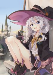Rule 34 | 1girl, absurdres, azuuru, bare legs, black hat, black skirt, blue eyes, blush, broom, building, castle, cloak, cloud, commentary request, cover image, day, elaina (majo no tabitabi), fantasy, full body, hand on own knee, hat, highres, legs, long hair, long sleeves, looking at viewer, majo no tabitabi, messy hair, miniskirt, no socks, novel illustration, official art, open mouth, outdoors, petticoat, pointy footwear, second-party source, shirt, shoes, silver hair, sitting, skirt, sky, smile, solo, textless version, tower, white shirt, witch, witch hat