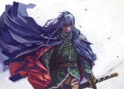 Rule 34 | 1boy, blue cape, blue hair, cape, closed mouth, dias flac, highres, holding, holding sword, holding weapon, kajimoto yukihiro, long hair, looking at viewer, male focus, red eyes, simple background, solo, star ocean, star ocean the second story, sword, weapon, white background