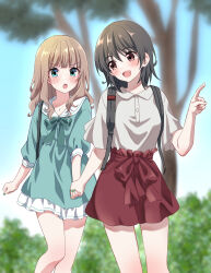 Rule 34 | 2girls, aqua bow, aqua dress, backpack, bag, blonde hair, blurry, blurry background, blush, bow, bowtie, brown eyes, brown hair, brown shirt, bush, carrying bag, collar, dress, green nails, highres, holding hands, jewelry, long hair, looking at another, medium hair, multiple girls, necklace, original, pearl necklace, pointing, red bow, red skirt, school uniform, serafuku, shirt, skirt, smile, tottoto tomekichi, tree, waist bow, white collar, yuri