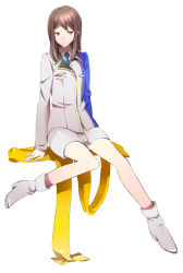 Rule 34 | 00s, 1girl, ayamoto, blue necktie, brown hair, female focus, full body, invisible chair, long hair, military, military uniform, mishima reika, necktie, rahxephon, red eyes, scarf, simple background, sitting, solo, uniform, unworn scarf, white background