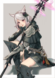 Rule 34 | 1girl, animal ears, armor, warrior of light (ff14), belt, black capelet, black gloves, border, braid, brown background, cam (cammero95713700), capelet, cat ears, commentary, crown braid, earrings, elbow rest, facial mark, feet out of frame, final fantasy, final fantasy xiv, fingerless gloves, flower, from side, gem, gloves, glowing, glowing weapon, gradient hair, greaves, hair flower, hair ornament, head on hand, head rest, heterochromia, highres, holding, holding staff, hood, hood down, hooded capelet, jewelry, knee up, looking at viewer, miqo&#039;te, multicolored hair, outside border, pauldrons, pink hair, purple eyes, red eyes, red gemstone, scale armor, shadow, short hair, shoulder armor, simple background, single braid, single earring, sitting, slit pupils, smile, solo, staff, swept bangs, tassel, tassel hair ornament, two-tone hair, vambraces, weapon, white border, white hair