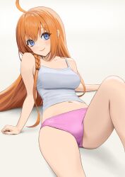Rule 34 | 1girl, absurdres, ahoge, alternate costume, arm support, artist name, blue eyes, braid, camisole, carlo montie, closed mouth, highres, long hair, looking at viewer, navel, orange hair, panties, pecorine (princess connect!), pink panties, princess connect!, shirt, sleeveless, smile, solo, spaghetti strap, underwear, white background