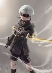 Rule 34 | 1boy, absurdres, black blindfold, black gloves, black legwear, blindfold, commentary, covered eyes, english commentary, gloves, highres, holding, holding weapon, machine (nier), male focus, nier (series), nier:automata, short hair, shorts, solo, sword, weapon, whinghope, 9s (nier:automata)