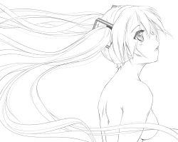 Rule 34 | 1girl, asunogear, breasts, floating hair, from side, greyscale, hair between eyes, hair censor, hair ornament, hatsune miku, highres, long hair, looking up, medium breasts, monochrome, nude, parted lips, shoulder blades, simple background, sketch, solo, twintails, upper body, very long hair, vocaloid, white background