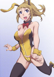 Rule 34 | 10s, 1girl, adapted costume, animal ears, bare shoulders, blue eyes, blush, bow, bowtie, breasts, brown hair, cleavage, detached collar, fake animal ears, gundam, gundam build fighters, gundam build fighters try, hoshino fumina, long hair, natsumi chorisuke, open mouth, playboy bunny, ponytail, rabbit ears, smile, solo, thighhighs, wrist cuffs