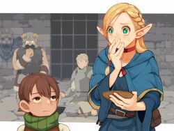 Rule 34 | 1girl, 3boys, beard, black hair, blonde hair, blue robe, bowl, braid, brown eyes, brown hair, chilchuck tims, covering own mouth, dungeon meshi, dwarf, elf, facial hair, ginji74, green eyes, halfling, hand over own mouth, height difference, holding, holding bowl, laios thorden, letterboxed, light blush, long hair, looking at another, marcille donato, multiple boys, mustache, outside border, pointy ears, robe, senshi (dungeon meshi), short hair, sweatdrop, upper body, yellow eyes