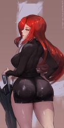Rule 34 | absurdres, ass, back, backboob, breasts, curvy, cutesexyrobutts, hand on own hip, highres, huge ass, huge breasts, large breasts, legs, lips, lipstick, long hair, makeup, mature female, parasol, parasoul (skullgirls), red hair, skullgirls, thick lips, thick thighs, thighs, umbrella