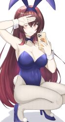 Rule 34 | 1girl, absurdres, animal ears, bow, bowtie, breasts, cellphone, cleavage, covering face, detached collar, fake animal ears, fake tail, fate/grand order, fate (series), hair intakes, high heels, highres, large breasts, leotard, long hair, o-los, official alternate costume, pantyhose, phone, playboy bunny, purple hair, rabbit ears, rabbit tail, red eyes, scathach (fate), scathach (piercing bunny) (fate), smartphone, smile, solo, strapless, strapless leotard, tail, wrist cuffs