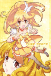 Rule 34 | 10s, 1girl, blonde hair, bow, brown eyes, character name, cure peace, dual persona, hair flaps, hair ornament, izumi rion, kise yayoi, orange shorts, ponytail, precure, shorts, shorts under skirt, skirt, smile precure!, v, wide ponytail, yellow background, yellow bow, yellow skirt, yellow theme