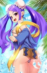 Rule 34 | 1girl, ass, bikini, blush, breasts, chiroshiron, double bun, facial mark, fang, fate/grand order, fate (series), forehead, forehead mark, from behind, hair bun, highres, long hair, looking at viewer, looking back, parted bangs, purple eyes, purple hair, shiny skin, small breasts, solo, standing, striped bikini, striped clothes, swimsuit, wu zetian (fate)