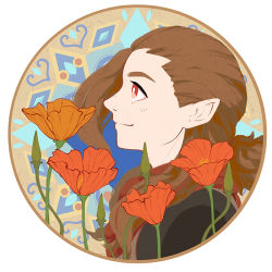 Rule 34 | 1boy, brown hair, circle, flower, hair pulled back, long hair, luozhu (the legend of luoxiaohei), luxiao ao, male focus, orange flower, plant, pointy ears, portrait, profile, red eyes, red flower, smile, solo, luo xiaohei zhanji