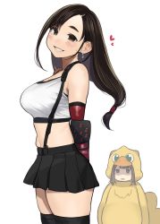 Rule 34 | 2girls, :d, :o, arms behind back, bare shoulders, bird costume, black skirt, black thighhighs, blush, breasts, brown eyes, brown hair, chocobo, cosplay, crop top, douki-chan (douki-chan), earrings, elbow gloves, final fantasy, final fantasy vii, final fantasy vii remake, ganbare douki-chan, gloves, green eyes, heart, highres, jewelry, kouhai-chan (douki-chan), large breasts, long hair, looking at viewer, mole, mole on cheek, multiple girls, open mouth, pleated skirt, red gloves, shaded face, shirt, simple background, skirt, sleeveless, smile, sports bra, standing, suspender skirt, suspenders, teeth, thick eyebrows, thighhighs, tifa lockhart, tifa lockhart (cosplay), white background, white shirt, yomu (sgt epper), | |
