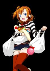 Rule 34 | 10s, 1girl, black bow, blue eyes, blue shorts, bow, hair bow, hairband, holding, kosaka honoka, love live!, love live! school idol festival, love live! school idol project, open mouth, orange hair, red hairband, red thighhighs, short hair, short shorts, shorts, side ponytail, solo, standing, striped, thighhighs, transparent background, white background