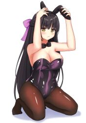 Rule 34 | 1girl, :t, absurdres, alternate costume, alternate hairstyle, animal ears, arms up, bare arms, bare shoulders, black bow, black bowtie, black hair, black leotard, blush, bow, bowtie, breasts, brown pantyhose, cafe stella to shinigami no chou, cleavage, closed mouth, commentary, covering own ears, curvy, eyelashes, fake animal ears, full body, hair between eyes, hair bow, half updo, highres, kneeling, large breasts, leotard, long hair, looking at viewer, mole, mole under eye, nako maguro2501, no shoes, pantyhose, playboy bunny, pout, purple bow, rabbit ears, shiki natsume, shiny clothes, shiny legwear, shiny skin, simple background, solo, straight hair, strapless, strapless leotard, thighs, tiptoes, very long hair, white background, yellow eyes