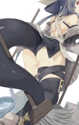 Rule 34 | 1girl, apron, ass, ass focus, back, bare shoulders, belt, black panties, black thighhighs, broom, bucket, bucket of water, butt crack, choker, cleaning, detached sleeves, dizzy (guilty gear), from behind, from below, guilty gear, guilty gear xrd, hair ribbon, hair rings, highres, looking at viewer, looking away, maid apron, monster girl, mop, no wings, o-ring, o-ring top, oeillet vie, panties, red eyes, ribbon, simple background, skindentation, solo, tail, tail ornament, tail ribbon, tail wrap, thick thighs, thighhighs, thighs, twintails, underwear, upskirt, water, white background, yellow ribbon