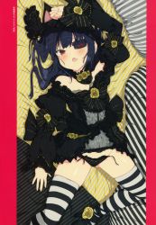Rule 34 | 1girl, absurdres, animal ears, arm up, back bow, bare shoulders, black dress, black footwear, black hair, black panties, blush, bow, cat ears, detached collar, dress, dress flower, eyepatch, fang, flat chest, flower, frilled dress, frills, gluteal fold, gold trim, gothic lolita, high heels, highres, lace, lace-trimmed dress, lace-trimmed sleeves, lace trim, lingerie, lolita fashion, long hair, looking at viewer, lying, mirai (senran kagura), official art, on back, open mouth, panties, red eyes, rose, scan, senran kagura, footwear flower, side-tie panties, skindentation, sleeve bow, solo, strapless, striped clothes, striped thighhighs, thighhighs, thighs, tomoe (symbol), underwear, untied panties, yaegashi nan, yellow flower, yellow rose
