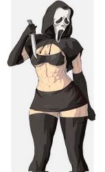 Rule 34 | 1girl, abs, bikini, bikini top only, black gloves, black hood, black skirt, breasts, cleavage, commentary, contrapposto, corrupted twitter file, elbow gloves, ghost mask, ghostface, gloves, gluteal fold, highres, holding, holding knife, knife, mask, medium breasts, navel, reverse grip, scream (movie), shrug (clothing), skirt, solo, swimsuit, symbol-only commentary, thick thighs, thighhighs, thighs, toned, underboob, white mask, yoracrab, zettai ryouiki