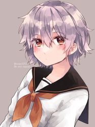 Rule 34 | 1girl, alternate costume, amot 211, black sailor collar, blush, brown eyes, closed mouth, commentary request, grey background, highres, kantai collection, looking at viewer, neckerchief, one-hour drawing challenge, orange neckerchief, pink hair, sailor collar, school uniform, serafuku, short hair, simple background, solo, tama (kancolle), twitter username, upper body