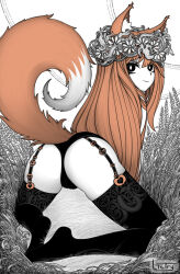 Rule 34 | 1girl, all fours, animal ears, ass, black panties, black thighhighs, brown hair, closed mouth, garter straps, head wreath, highres, holo, long hair, looking at viewer, looking back, ltstry, panties, partially colored, signature, solo, spice and wolf, tail, thighhighs, thighs, underwear, very long hair, wheat, wolf ears, wolf girl, wolf tail