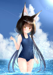 Rule 34 | 1girl, alternate costume, alternate hairstyle, animal ears, azur lane, black hair, blue one-piece swimsuit, blue sky, blunt bangs, blurry, blush, breasts, cloud, cloudy sky, collarbone, commentary request, contemporary, depth of field, fox ears, hair ribbon, head tilt, horizon, in water, long hair, looking at viewer, low twintails, m ko (maxft2), nagato (azur lane), ocean, old school swimsuit, one-piece swimsuit, parted lips, ribbon, school swimsuit, sidelocks, signature, sky, small breasts, solo, swimsuit, thighs, twintails, wading, yellow eyes