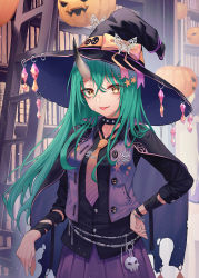 Rule 34 | 1girl, :p, alternate costume, arknights, black hat, black shirt, cape, commentary, green hair, hair between eyes, hand on own hip, hat, highres, horns, hoshiguma (arknights), jack-o&#039;-lantern, ladder, long hair, long sleeves, myung yi, necktie, parted lips, pleated skirt, purple skirt, shirt, single horn, skirt, smile, solo, tongue, tongue out, witch hat, yellow eyes