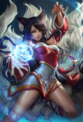 Rule 34 | 1girl, ahri (league of legends), animal ears, bare shoulders, bell, black hair, breasts, cleavage, detached sleeves, facial mark, fox ears, fox tail, hitodama, korean clothes, league of legends, lips, long hair, looking at viewer, lucidsky, multiple tails, nail polish, ramen (aquare9ia), revision, smile, solo, tail, whisker markings, yellow eyes