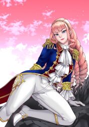 Rule 34 | 1girl, aristocratic clothes, blue coat, blue eyes, boots, coat, drill hair, epaulettes, frills, gloves, gold trim, highres, hime cut, ascot, manon legrand, pants, pink hair, sidelocks, solo, street fighter, street fighter 6, tailcoat, tre artz, white footwear, white gloves, white pants