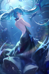 Rule 34 | 1girl, absurdres, artist name, backless dress, backless outfit, bare shoulders, black dress, blue eyes, blue hair, blue ribbon, bubble, dress, english text, fish, fur-trimmed dress, fur trim, hatsune miku, highres, long hair, looking at viewer, looking back, open mouth, ribbon, ruochongsang, shinkai shoujo (vocaloid), solo, twintails, very long hair, vocaloid