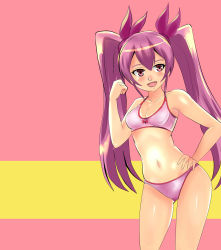 Rule 34 | 10s, 1girl, akame ga kill!, angel pena (angelox), blush, bra, breasts, contrapposto, hair ribbon, hand on own hip, highres, long hair, mine (akame ga kill!), panties, pink eyes, pink hair, ribbon, simple background, small breasts, solo, standing, striped, striped background, training bra, twintails, underwear, underwear only
