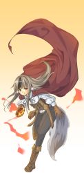 Rule 34 | 1girl, animal ears, black hair, boots, brown gloves, cape, closed mouth, fang, fire emblem, fire emblem fates, full body, fuussu (21-kazin), gloves, gradient background, grey hair, highres, holding, long hair, long sleeves, multicolored hair, nintendo, pants, simple background, solo, stone, streaked hair, tail, velouria (fire emblem), wolf ears, wolf tail