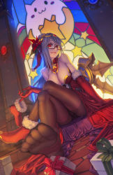 Rule 34 | 1girl, arm support, bare shoulders, black pantyhose, box, breasts, cleavage, closed mouth, crossed legs, dress, elbow gloves, feet, flower, fur trim, gift, gift box, glasses, gloves, hair flower, hair ornament, highres, large breasts, long hair, looking at viewer, pale skin, panties, panties under pantyhose, pantyhose, puzzle &amp; dragons, red-framed eyewear, red dress, red eyes, red footwear, red gloves, ringed eyes, rotix, santa costume, semi-rimless eyewear, shoes, silver hair, single shoe, sitting, soles, solo, stained glass, tamadra, thighband pantyhose, toes, under-rim eyewear, underwear, urd (p&amp;d)