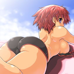 Rule 34 | 1girl, ass, back, bad id, bad pixiv id, bikini, breasts, curvy, dd (ijigendd), huge ass, large breasts, looking back, lying, on stomach, original, plump, purple eyes, red hair, short hair, solo, swimsuit, topless