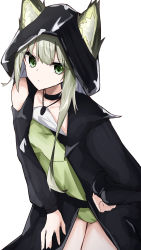 Rule 34 | 1girl, absurdres, animal ears, arknights, black choker, black jacket, cat ears, cat girl, choker, clothing cutout, cowboy shot, dress, ears through headwear, green dress, green eyes, green hair, hand on own hip, highres, hood, hood up, hooded jacket, jacket, jewelry, kal&#039;tsit (arknights), leaning forward, long hair, looking at viewer, necklace, official alternate costume, short hair, shoulder cutout, simple background, single bare shoulder, solo, touko (toko12 tooko), white background