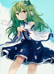 Rule 34 | 1girl, :o, absurdres, ahoge, ar (maeus), bare shoulders, blue skirt, blush, cloud, detached sleeves, frog hair ornament, gohei, green eyes, green hair, hair between eyes, hair ornament, hair tubes, highres, holding, kochiya sanae, long hair, long sleeves, looking at viewer, nontraditional miko, open mouth, outdoors, parted lips, shirt, skirt, solo, touhou, white shirt, wide sleeves