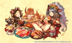 Rule 34 | 1boy, 1girl, animal ears, blue hair, blush, bowl, breasts, cleavage, closed eyes, commentary request, copyright name, copyright notice, crab, eating, fish, food, heterochromia, horns, lord of vermilion, maeya susumu, meat, official art, plate, revealing clothes, smile, square enix, steam