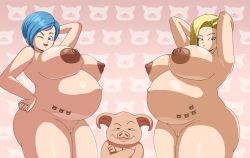 Rule 34 | 1boy, 2girls, alternate body size, alternate breast size, android 18, arm behind head, armpits, arms behind head, blonde hair, blue eyes, blue hair, breasts, bulma, censored, cleft of venus, cowboy shot, creature, crossed arms, dark areolae, dark nipples, dragon ball, dragonball z, earrings, full power elbow, hand on own hip, highres, huge breasts, jewelry, legs together, looking at viewer, mature female, mosaic censoring, multiple girls, nipples, nude, one eye closed, oolong, pig, pregnancy mark, pregnant, short hair, smile, standing, stud earrings, wink