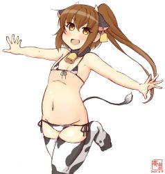 Rule 34 | 1girl, animal ears, animal print, artist logo, bell, belly, bikini, brown eyes, brown hair, commentary request, cow ears, cow horns, cow print, cow tail, cowbell, dated, ear tag, flat chest, front-tie top, fumizuki (kancolle), highres, horns, kanon (kurogane knights), kantai collection, long hair, lowleg, lowleg bikini, micro bikini, one-hour drawing challenge, outstretched arms, ponytail, side-tie bikini bottom, simple background, smile, solo, swimsuit, tail, white background, white bikini, white legwear