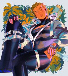 Rule 34 | 1boy, absurdres, astrozure, bara, black nails, cleavage cutout, clothing cutout, dark-skinned male, dark skin, fingerless gloves, foot out of frame, gloves, head tilt, highres, hip vent, jewelry, large pectorals, latex, latext, leg belt, lip piercing, lips, male focus, muscular, muscular male, necklace, official alternate costume, one piece, pectoral cleavage, pectorals, piercing, roronoa zoro, short hair, skin tight, solo, sword, sword behind back, thick thighs, thighs, weapon