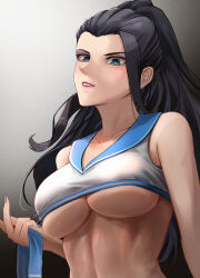 Rule 34 | 1girl, absurdres, angry, bare shoulders, black hair, blue eyes, breasts, collarbone, commentary request, daiko (dai1974910), executive mishiro, grey nails, highres, idolmaster, idolmaster cinderella girls, large breasts, long hair, looking at viewer, nail polish, sailor collar, shirt, solo, underboob, undersized clothes, upper body, white shirt