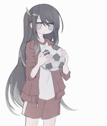 Rule 34 | 1girl, 50zushi, alternate costume, ball, black hair, blush, closed mouth, coefont, colored tips, commentary request, grey eyes, grey hair, gym shorts, gym uniform, hair ornament, hands up, holding, holding ball, jacket, jitome, long hair, looking at viewer, millial (coefont), multicolored hair, no pupils, one side up, open clothes, open jacket, red shorts, shirt, shorts, sidelocks, simple background, sleeves past elbows, sleeves rolled up, smirk, soccer ball, solo, track jacket, v-shaped eyebrows, white background, white shirt