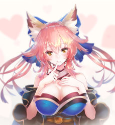 Rule 34 | 1girl, animal ear fluff, animal ears, bare shoulders, blue kimono, breasts, cleavage, commentary request, fate/extella, fate/extra, fate/grand order, fate (series), finger to mouth, fox ears, hair between eyes, hand on own chest, heart, heart background, japanese clothes, kimono, large breasts, long hair, long sleeves, looking at viewer, orange eyes, pink background, pink hair, shushing, smile, tamamo (fate), tamamo no mae (fate/extra), tanaka ken&#039;ichi, upper body, wide sleeves