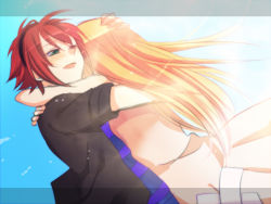 Rule 34 | 1boy, 1girl, bad id, bad pixiv id, blush, boku to maou, couple, dress, fingernails, from behind, green eyes, hand on another&#039;s head, happy, hetero, hug, long hair, nagonmaou, one eye closed, open mouth, orange hair, princess marlene, red hair, ruka (boku to maou), shirt, skirt, sky, spoilers, striped clothes, striped shirt, sunlight, wink