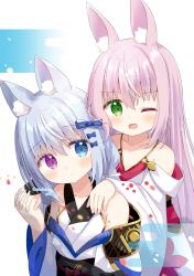 Rule 34 | 2girls, ;d, animal ear fluff, animal ears, bare shoulders, blue eyes, blue hair, closed mouth, commentary request, commission, egasumi, green eyes, hair between eyes, hand on another&#039;s shoulder, heterochromia, highres, holding hands, interlocked fingers, japanese clothes, kimono, long sleeves, looking at viewer, multiple girls, nakkar, one eye closed, open mouth, original, pink hair, purple eyes, skeb commission, smile, upper body, white kimono, wide sleeves