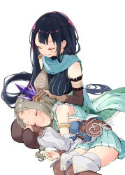 Rule 34 | 2girls, aqua skirt, armlet, atelier (series), atelier firis, bad id, bad pixiv id, black hair, blue scarf, blush, breasts, brown hair, closed eyes, closed mouth, commentary request, dated, detached sleeves, earrings, firis mistlud, hand on another&#039;s head, hand on another&#039;s leg, highres, jewelry, lap pillow, liane mistlud, long hair, long sleeves, lying, medium breasts, minidraco, multiple girls, on side, pleated skirt, scarf, seiza, siblings, signature, single earring, sisters, sitting, skirt, smile, very long hair, white background