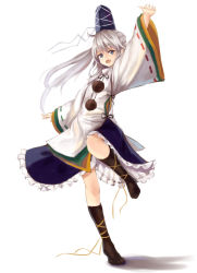 Rule 34 | 1girl, arm up, bad id, bad pixiv id, black legwear, black ribbon, blue skirt, fang, full body, grey eyes, hat, highres, japanese clothes, kariginu, long hair, long sleeves, looking at viewer, mononobe no futo, open mouth, pom pom (clothes), ponytail, ribbon, silver hair, simple background, skirt, smile, solo, standing, standing on one leg, tate eboshi, thick eyebrows, touhou, white background, wide sleeves, yukitourou