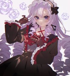 Rule 34 | 1girl, bare shoulders, black gloves, blush, breasts, buttons, cowboy shot, dress, drill hair, flower, gloves, hair ribbon, hairband, hands up, highres, hyakumantenbara salome, io (sinking=carousel), juliet sleeves, long hair, long sleeves, looking at viewer, nijisanji, parted lips, puffy sleeves, purple eyes, purple hair, red dress, ribbon, scorpion tattoo, small breasts, solo, tattoo, teeth, virtual youtuber